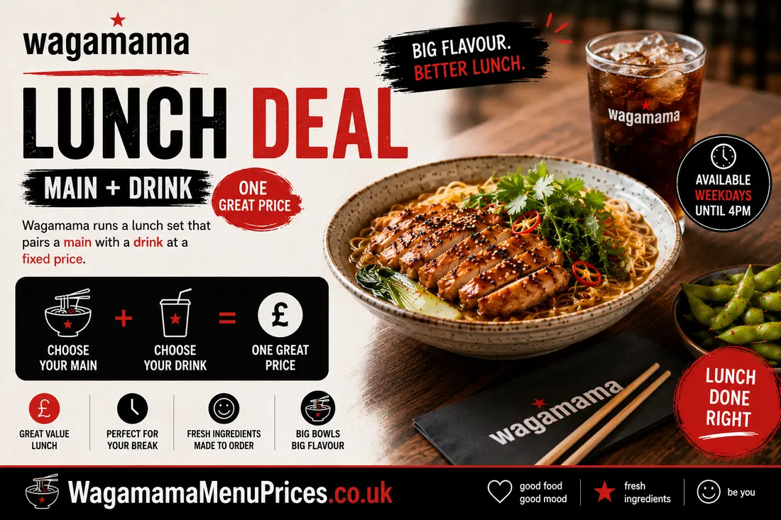Wagamama Lunch Deal: Wagamama runs a lunch set that pairs a main with a drink at a fixed price.