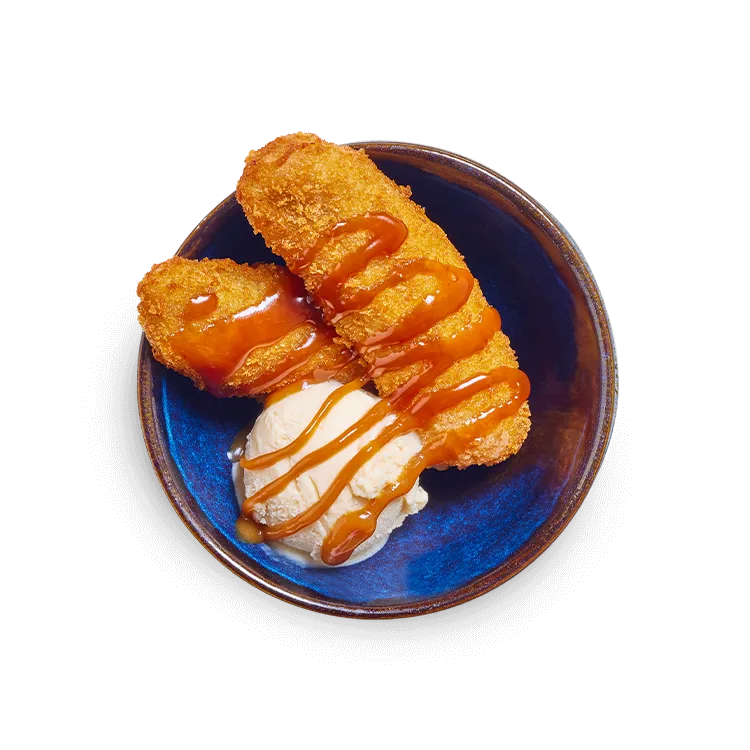 Wagamama banana katsu, fresh panko banana, vegan miso caramel ice cream and toffee sauce