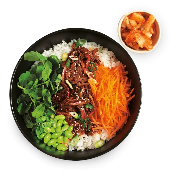 Wagamama beef brisket teriyaki donburi, teriyaki sauce, carrots and pea shoots