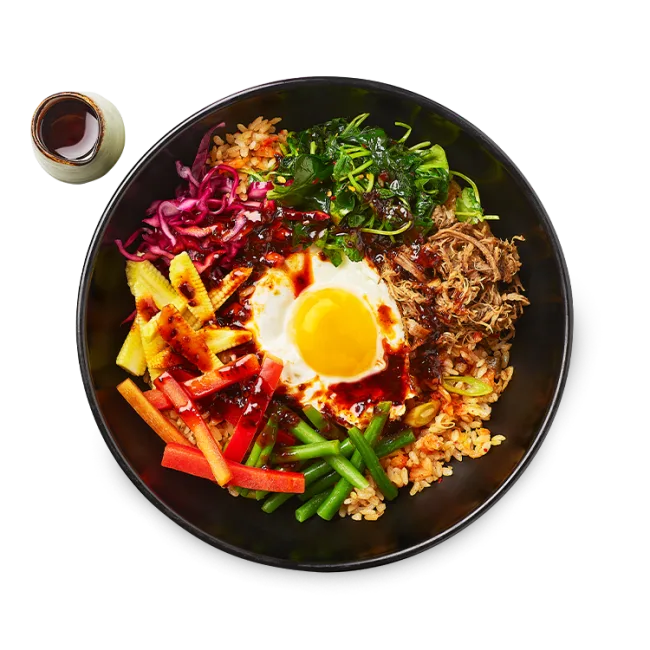 Wagamama buldak bibimbap, spicy buldak sauce, beef brisket and pickled red cabbage