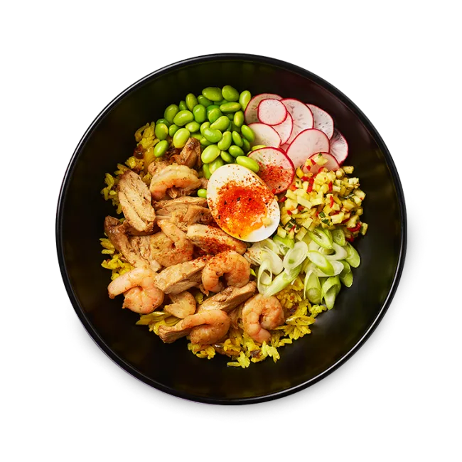 Wagamama chicken + prawn turmeric rice bowl, edamame, radish and pineapple salsa