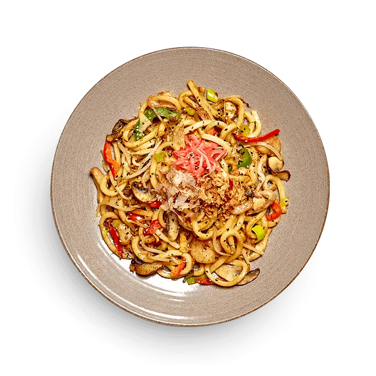 Wagamama chicken + prawn yaki udon, noodles, egg and beansprouts