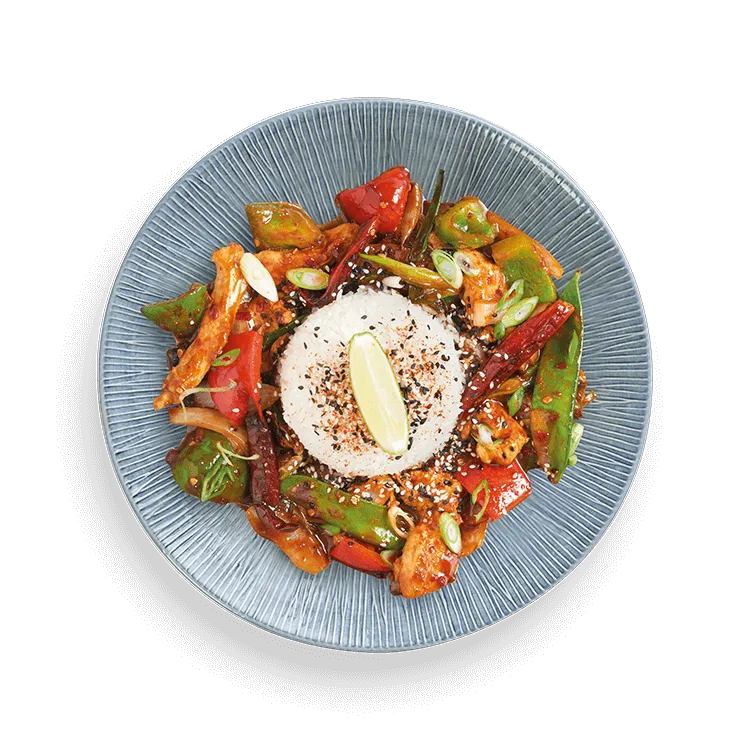 Wagamama chicken firecracker, bold and fiery, mangetout and peppers