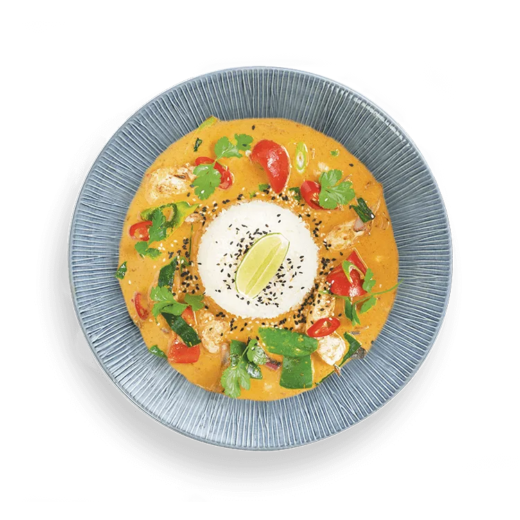 Wagamama chicken raisukaree, mild and warming, coconut curry sauce and mangetout