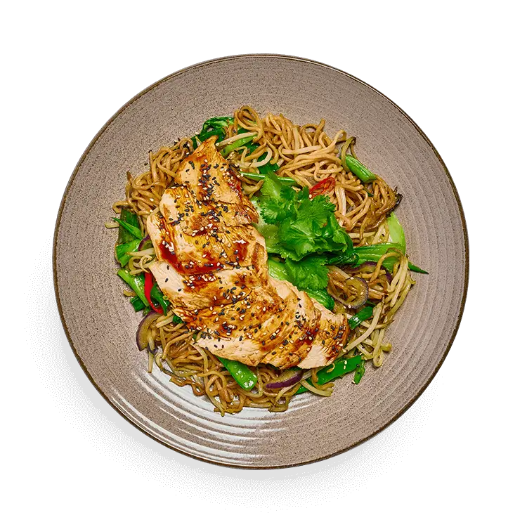 Wagamama chicken teriyaki soba, noodles, mangetout and bok choi