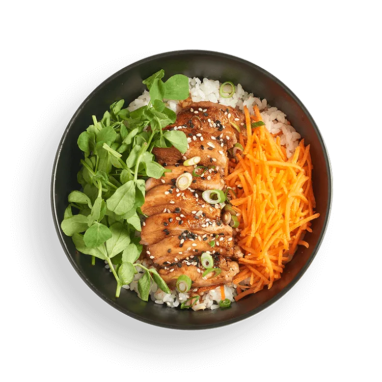 Wagamama chicken thigh teriyaki donburi, teriyaki sauce, carrots and pea shoots