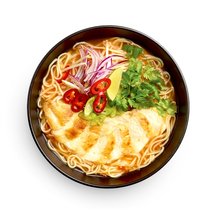 Wagamama chilli chicken ramen, ramen noodles, spicy chicken broth and onion
