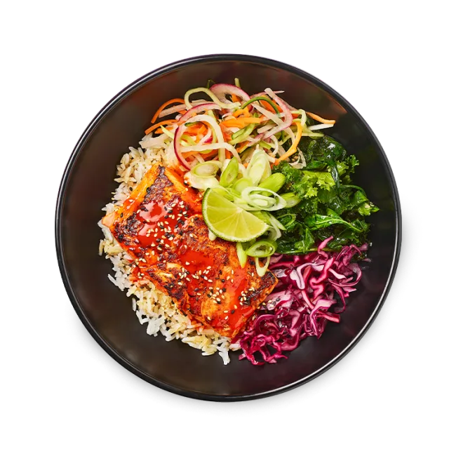 Wagamama gochujang salmon rice bowl, spicy gochujang sauce, pickled red cabbage, teriyaki kale and spinach