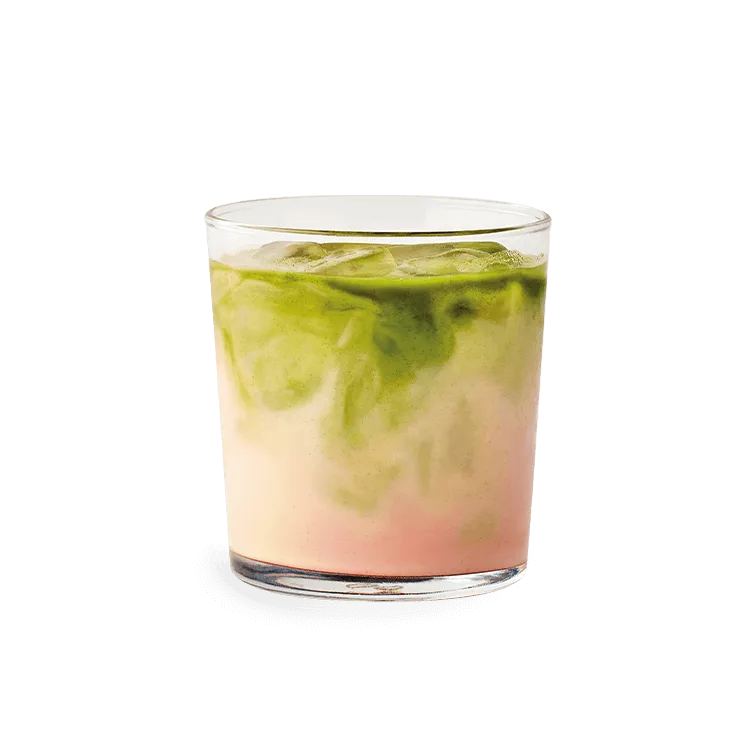 Wagamama iced matcha + strawberry latte, ceremonial grade matcha served with oat over ice