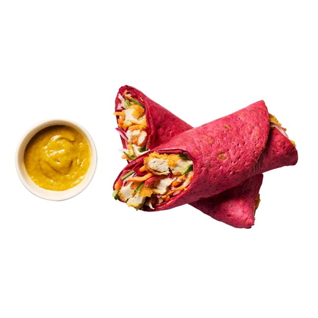 Wagamama katsu chicken wrap, beetroot wrap, crispy omelette and katsu chicken