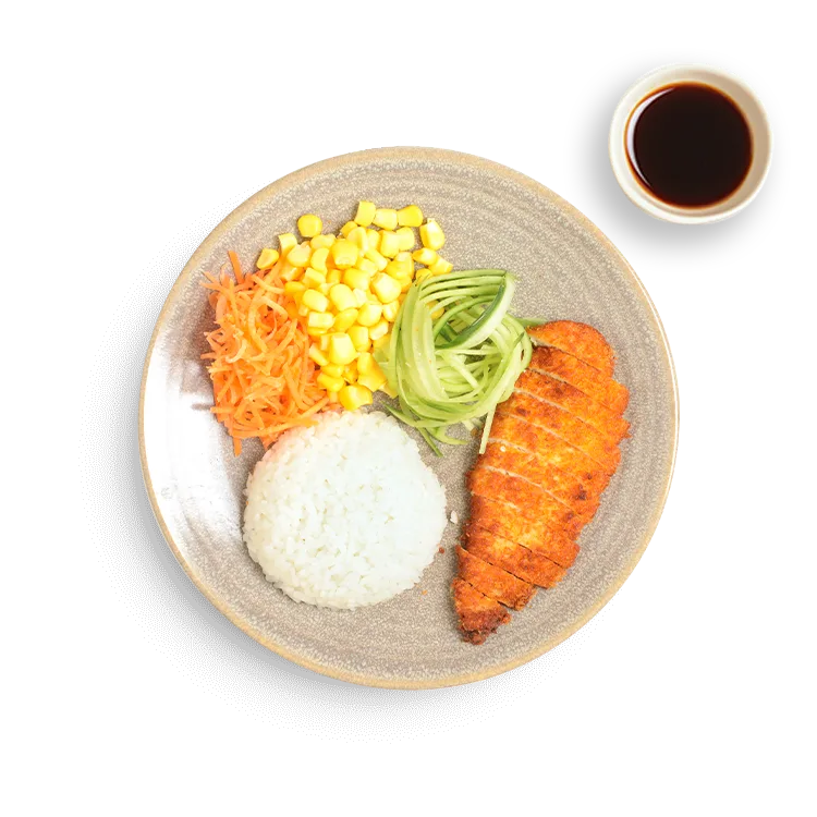 Wagamama kids chicken katsu with amai sauce, white rice, carrots and cucumber