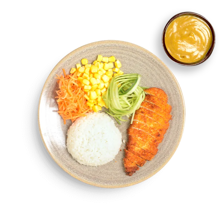 Wagamama kids chicken katsu with katsu curry sauce, white rice, carrots and cucumber