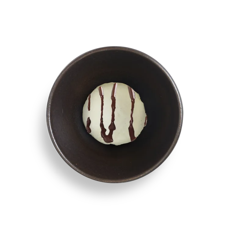 Wagamama kids vanilla pod ice cream with chocolate sauce, one scoop of vanilla ice cream and chocolate sauce