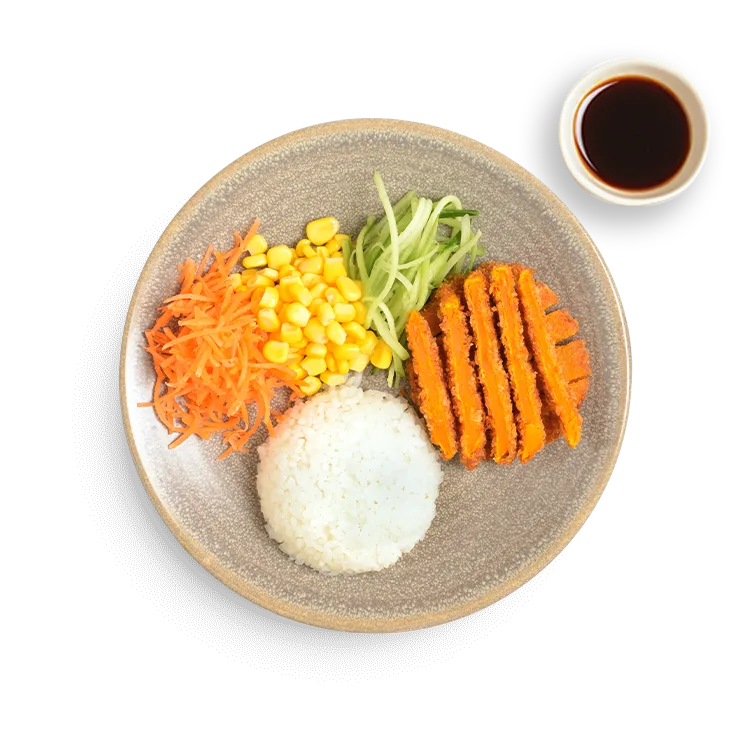 Wagamama kids yasai katsu with amai sauce, breaded sweet potato and butternut squash, sticky rice and carrots