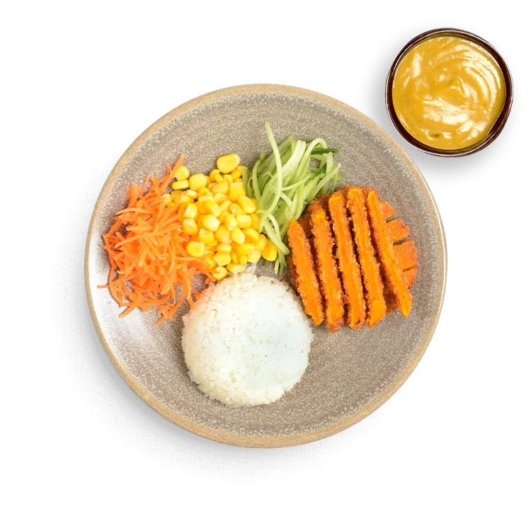 Wagamama kids yasai katsu with katsu curry sauce, breaded sweet potato and butternut squash, sticky rice and carrots