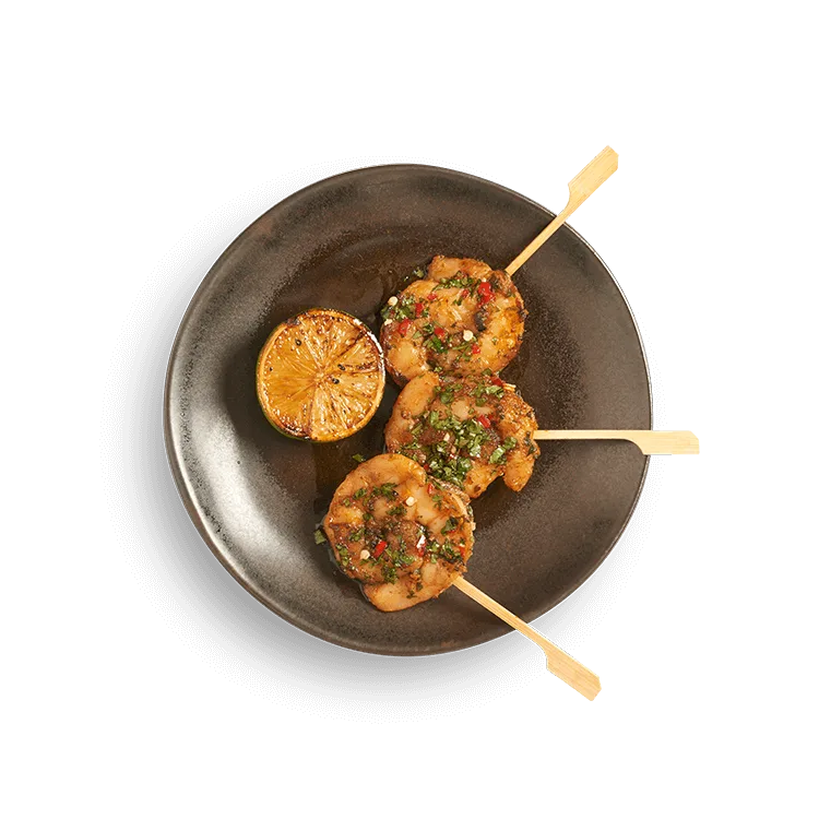 Wagamama lollipop prawn kushiyaki, three grilled skewers in lemongrass and chilli