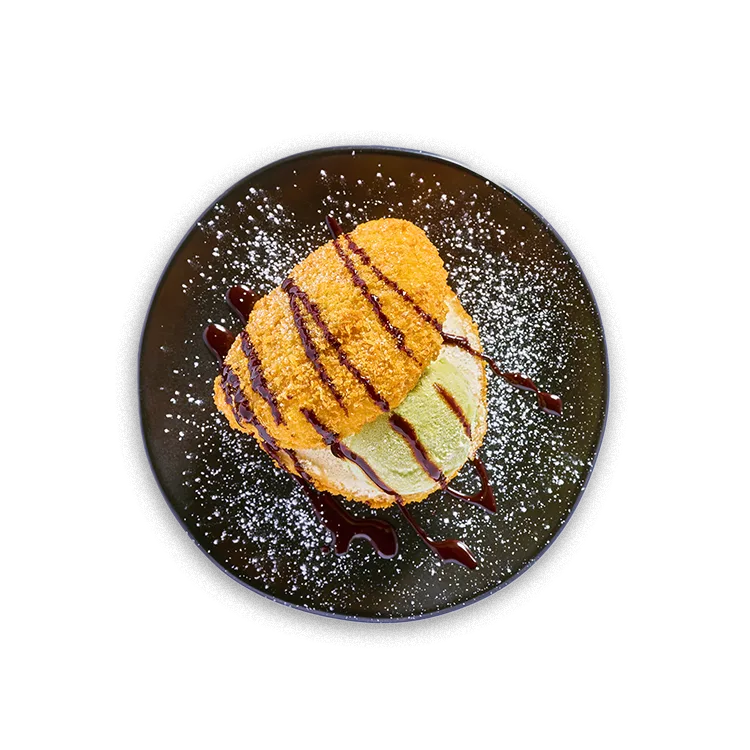 Wagamama matcha + chocolate bao nut, panko bao filled with a scoop of ice cream and sauce