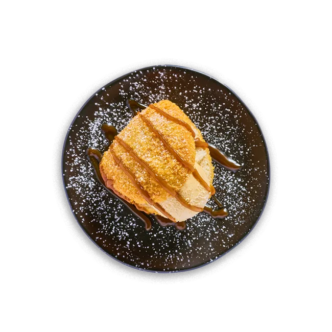 Wagamama miso caramel + toffee bao nut, panko bao filled with a scoop of ice cream and sauce