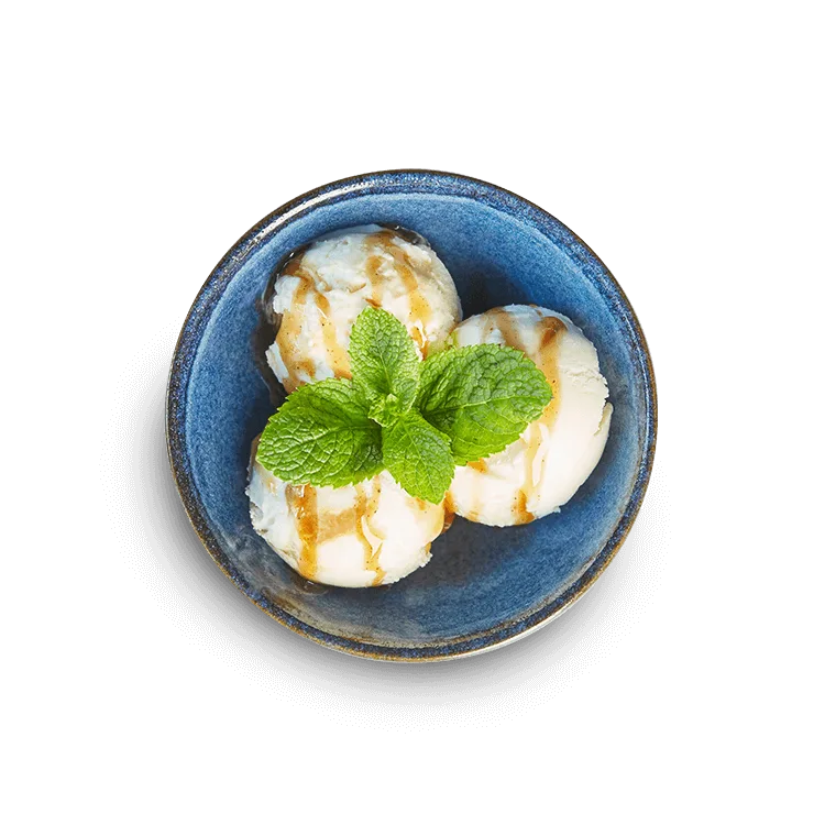 Wagamama miso caramel ice cream, three scoops with toffee sauce