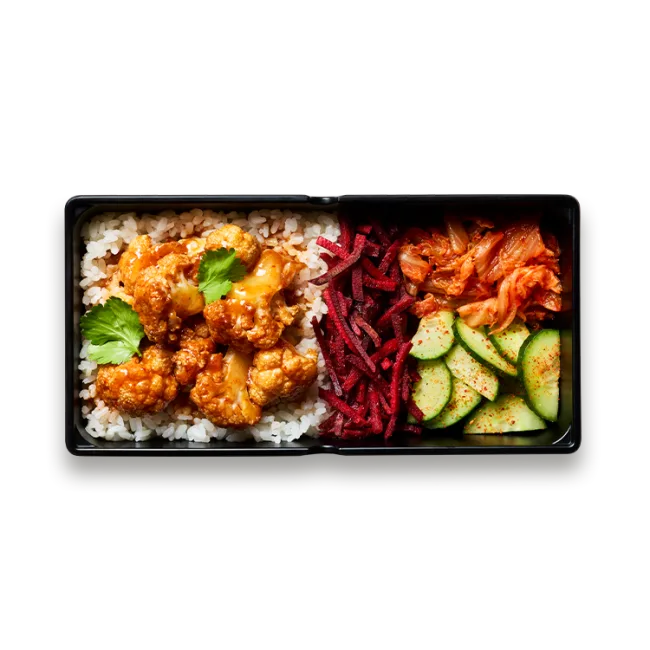 Wagamama miso cauliflower lunch box, sticky miso korean fried cauliflower, sticky rice and beetroot