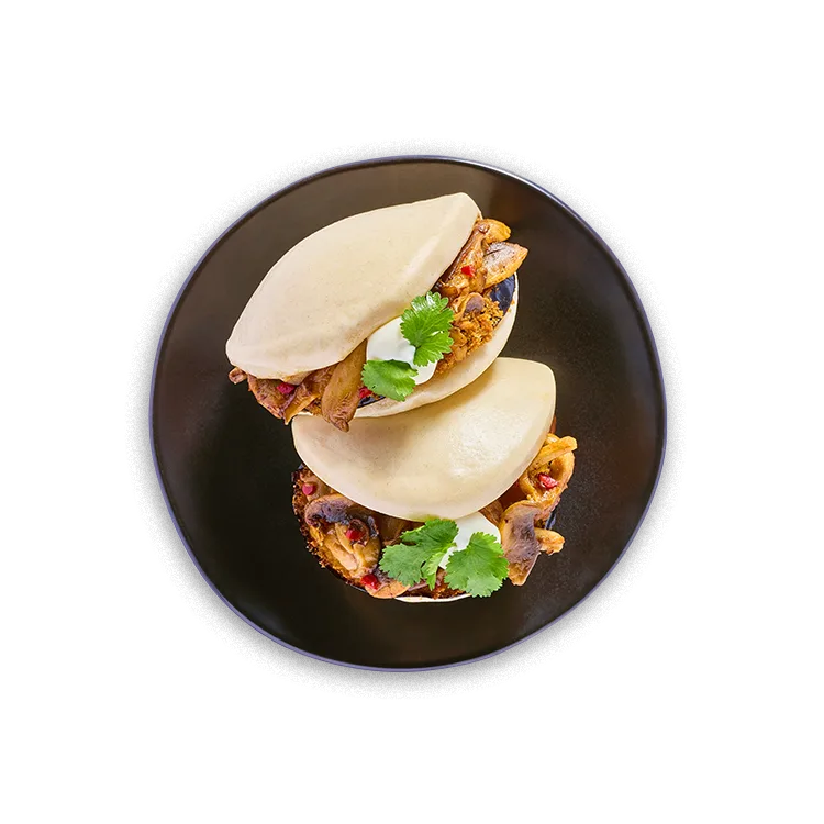 Wagamama oyster + shiitake mushrooms bao buns, panko aubergine and vegan mayo