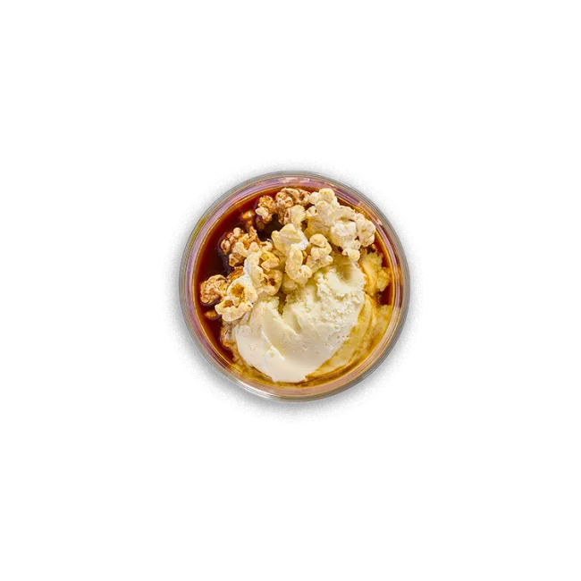 Wagamama popcorn affogato, vanilla ice cream, condensed milk and hot espresso