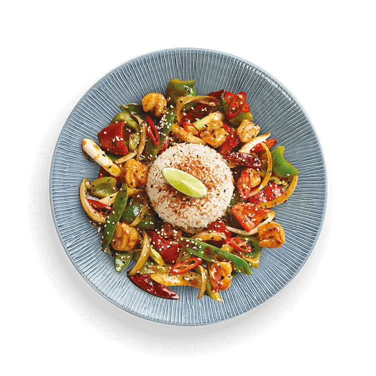Wagamama prawn firecracker, bold and fiery, mangetout and peppers