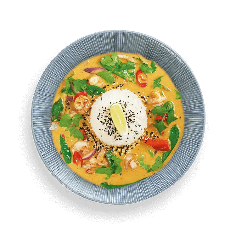 Wagamama prawn raisukaree, mild and warming, coconut curry sauce and mangetout