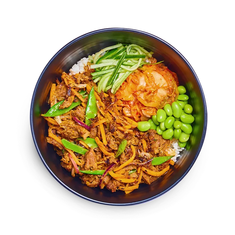 Wagamama pulled shiitake donburi, spicy teriyaki sauce, carrots and mangetout