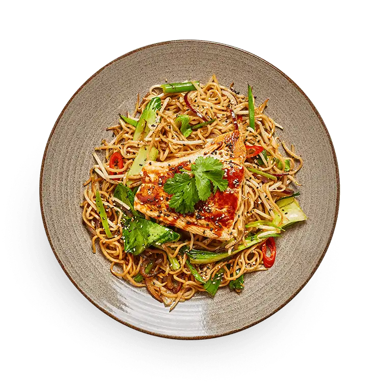 Wagamama salmon teriyaki soba, noodles, mangetout and bok choi