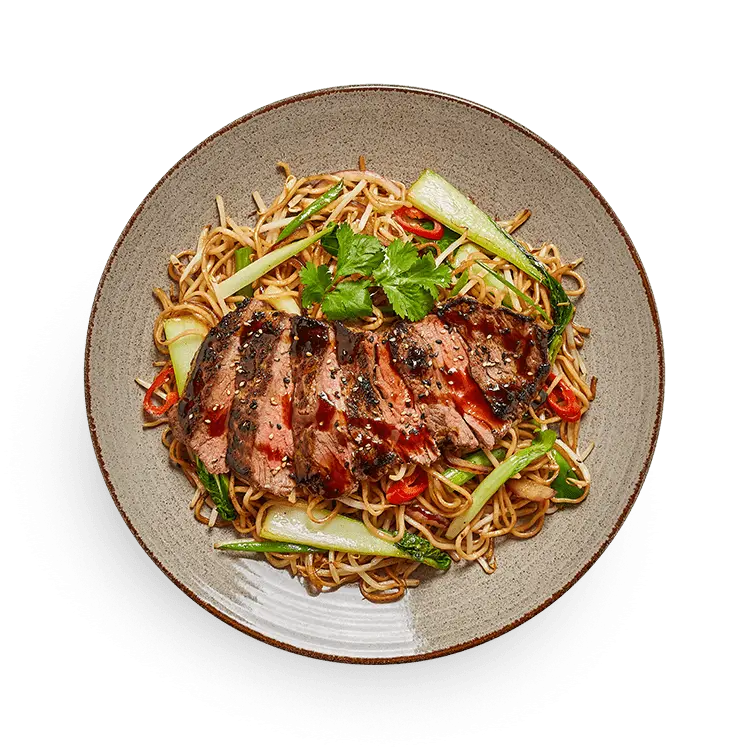 Wagamama steak teriyaki soba, noodles, mangetout and bok choi