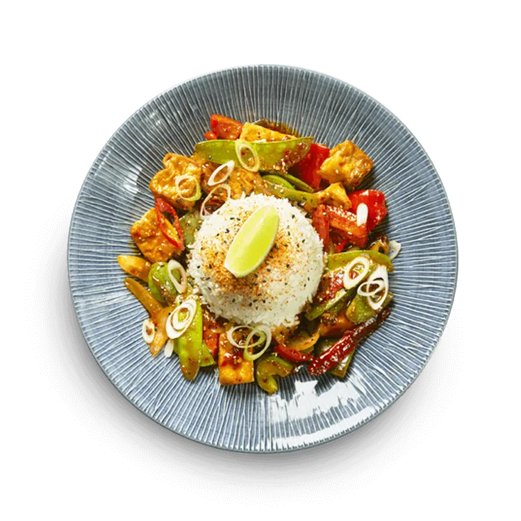 Wagamama tofu firecracker, bold and fiery, mangetout and peppers
