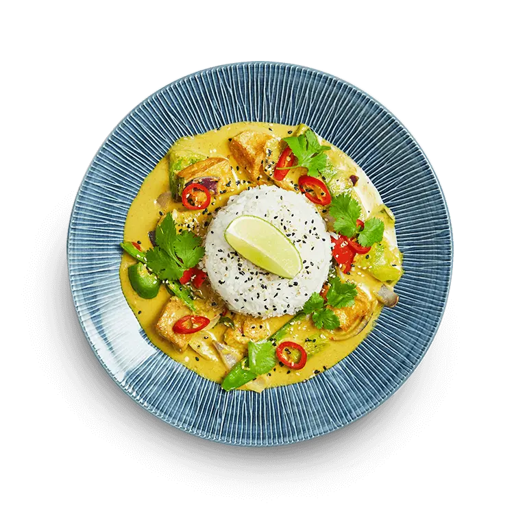 Wagamama tofu raisukaree, mild and warming, coconut curry sauce and mangetout