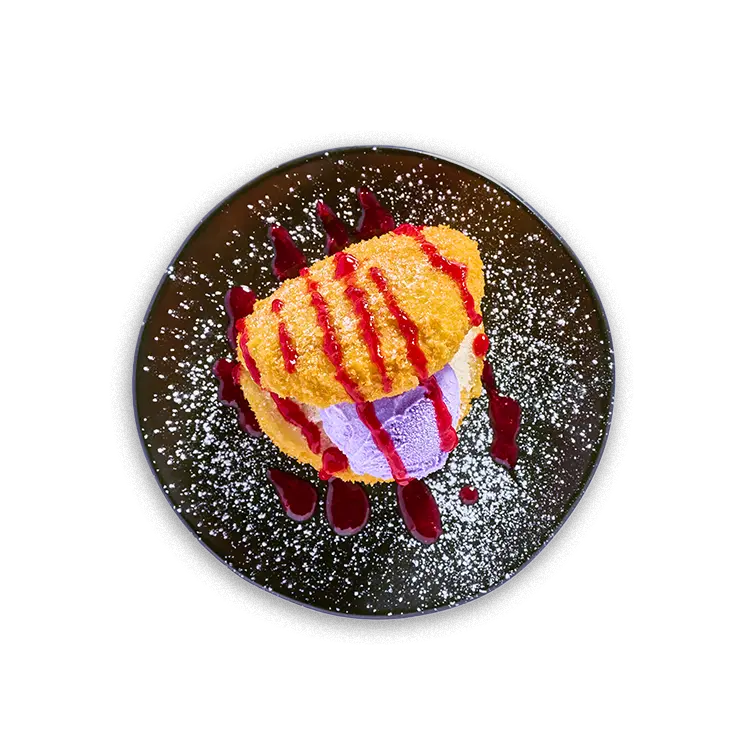 Wagamama ube + cherry bao nut, panko bao filled with a scoop of ice cream and sauce